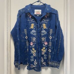 Johnny Was Navy Embroidered Blouse